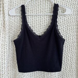 American Eagle Black Ribbed Lace-Trim Cropped Tank